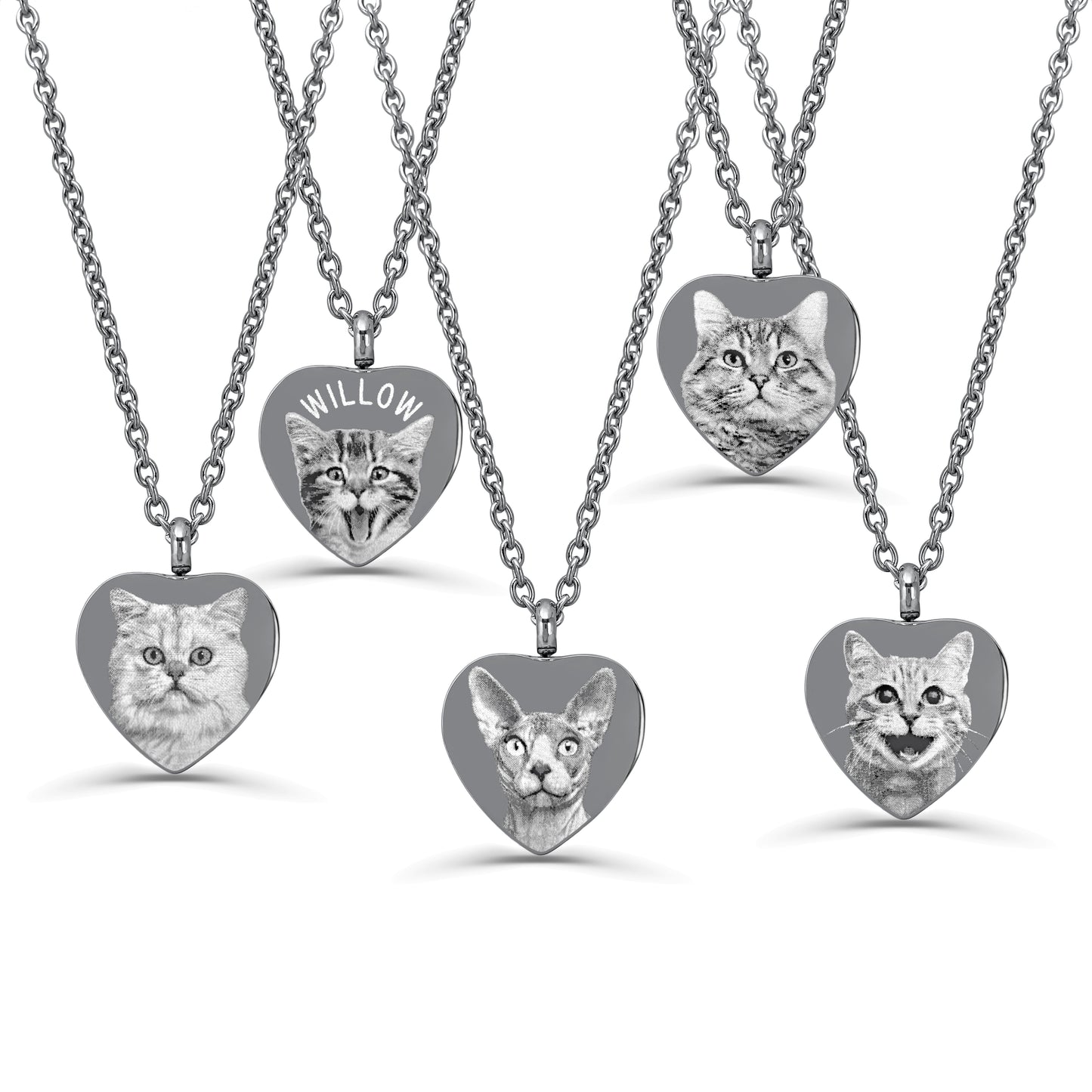A stainless-steel cremation urn necklace with heart-shaped pendants featuring engraved images of cats.