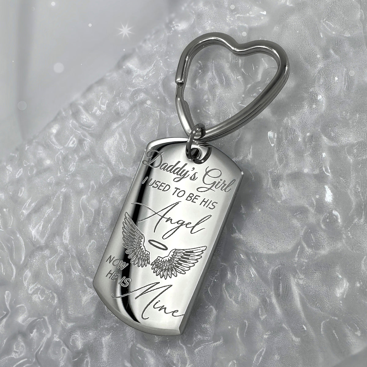 Daddy’s Girl memorial dog tag keychain with heart-shaped keyring engraved “I used to be his angel, now he is mine”