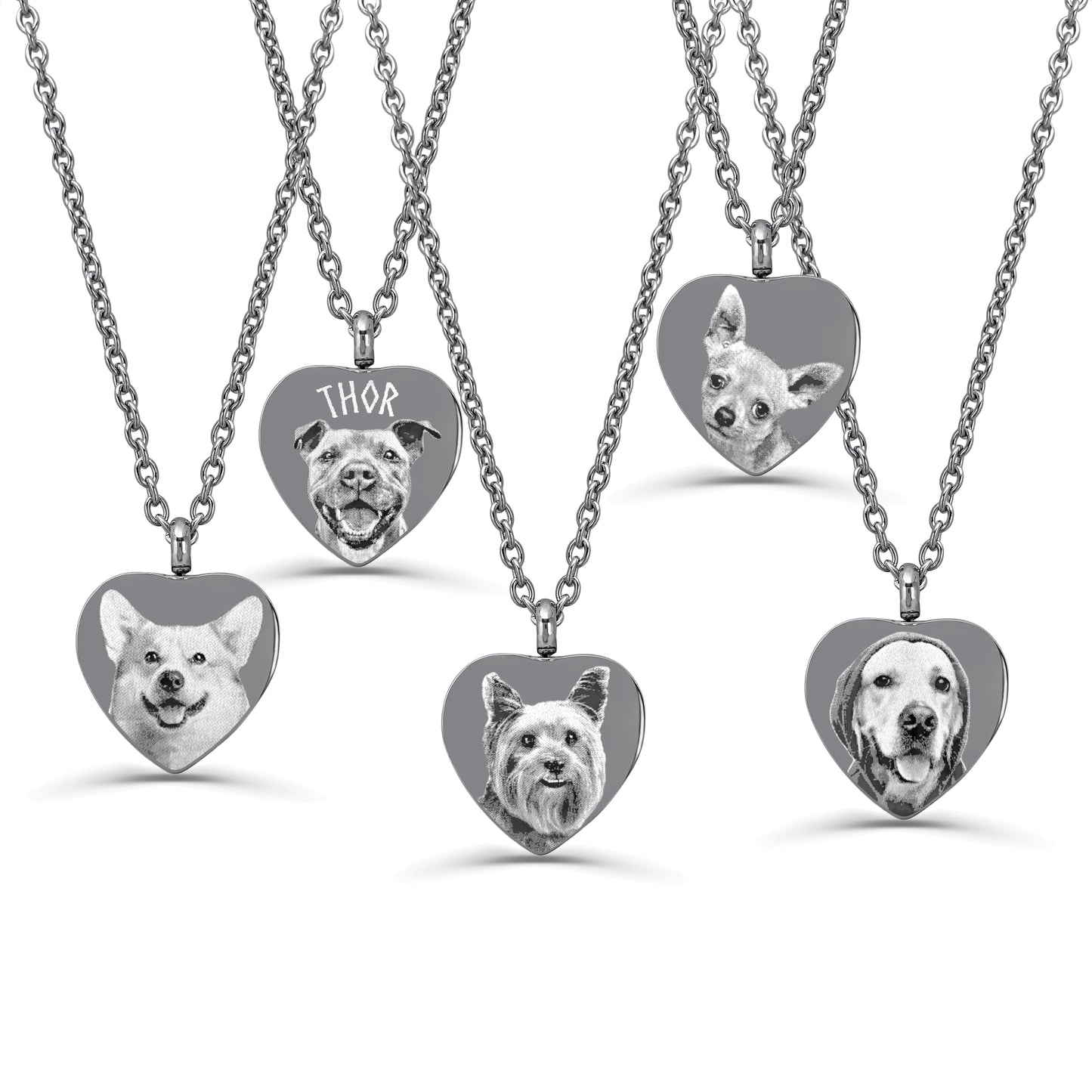 Personalized dog cremation urn necklaces showing custom pet portraits, names, and memorial engraving variations.