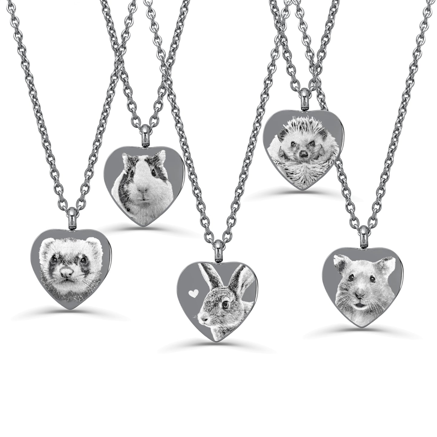 Personalized picture urn necklaces showing custom pet portraits and memorial engraving variations of hamster, guinea pig, rabbit, bunny, hedgehog, marmot, weasel.