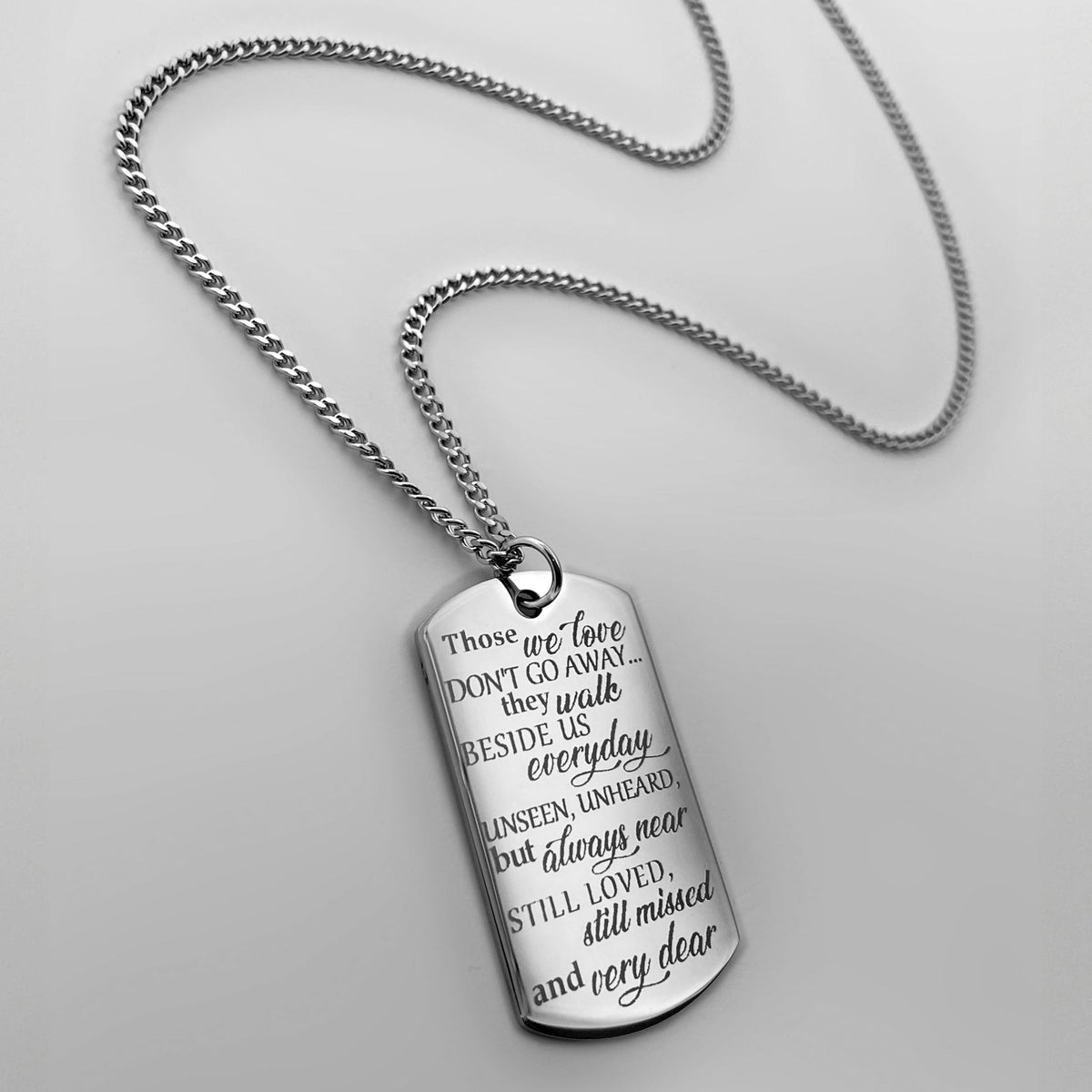 Memorial dog tag necklace engraved with “Always on my mind, forever in my heart” remembrance message