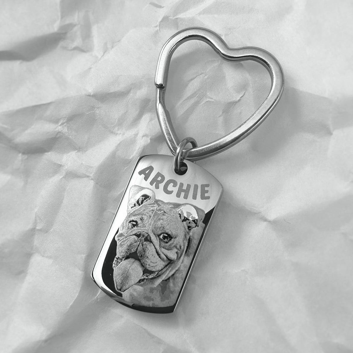 Personalized pet portrait photo dog tag urn keychain with heart-shaped keyring