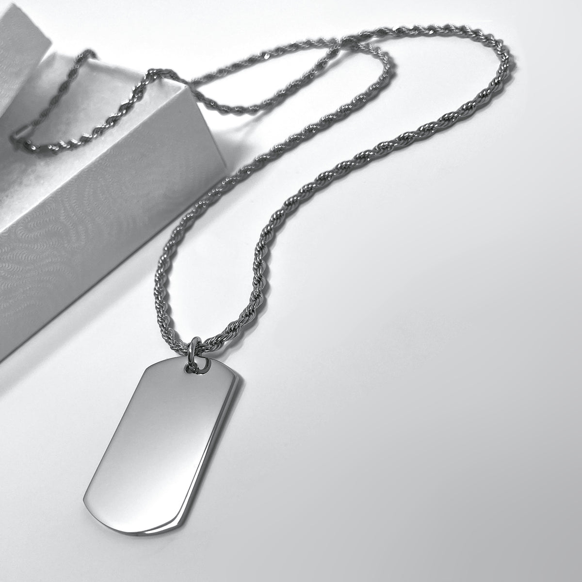 Blank polished stainless-steel small dog tag necklace, ready for custom photo, fingerprint, handwriting, or message engraving