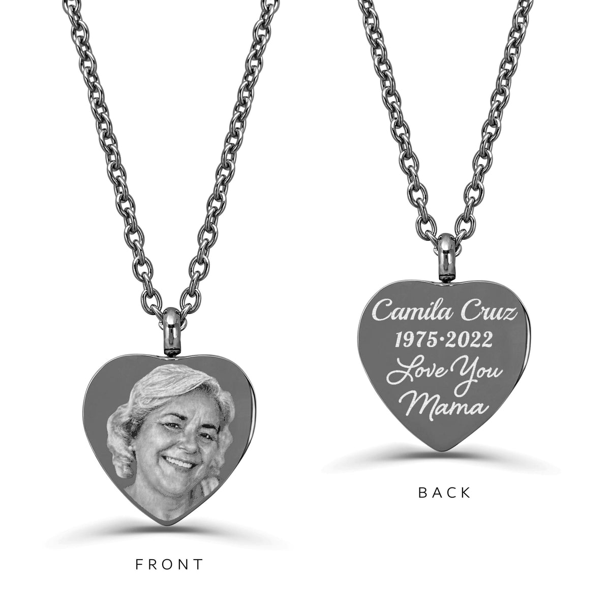 Personalized heart urn necklace with a custom portrait on the front and memorial name and dates on the back.