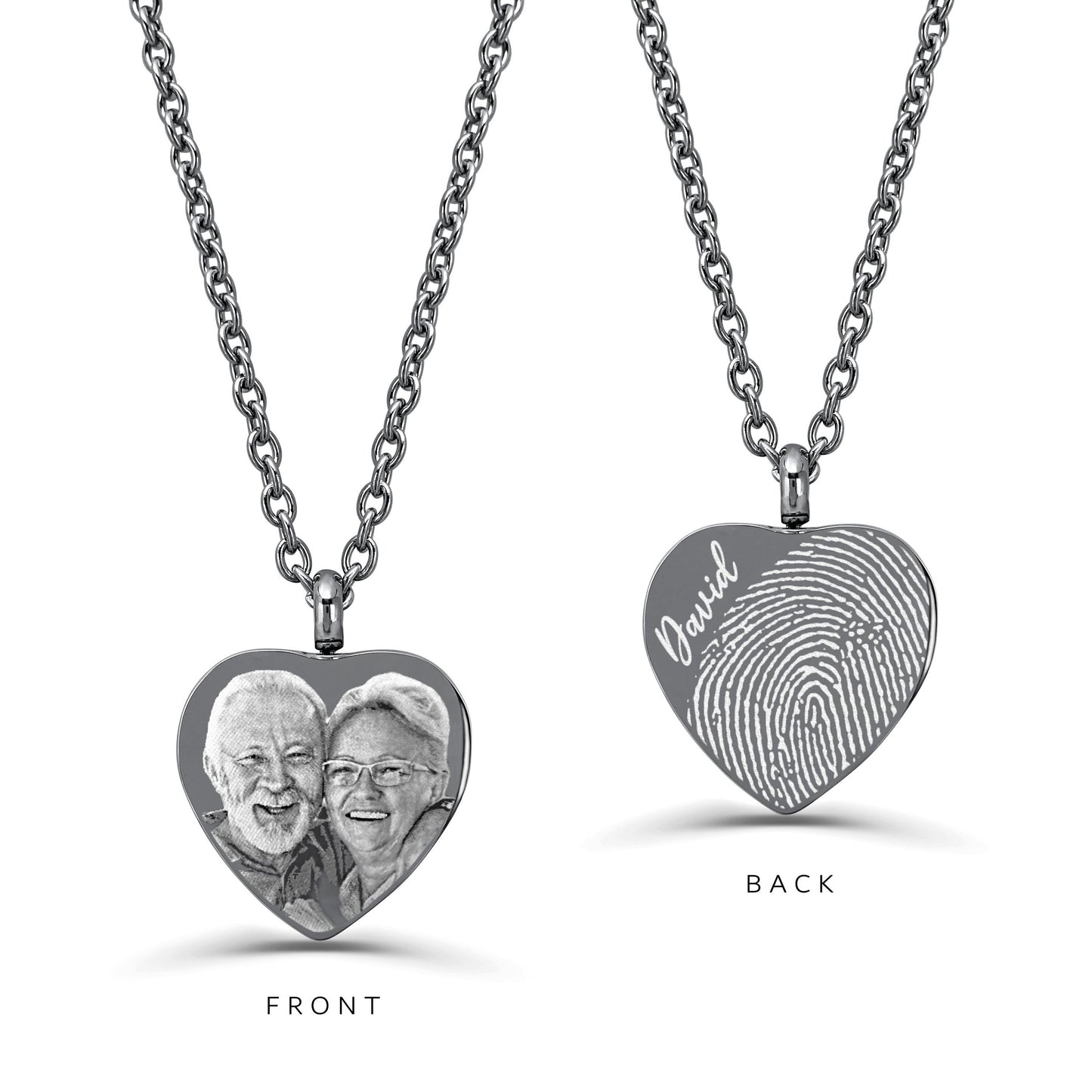 Personalized heart-shaped cremation urn necklace with a custom photo on the front and fingerprint engraving on the back.