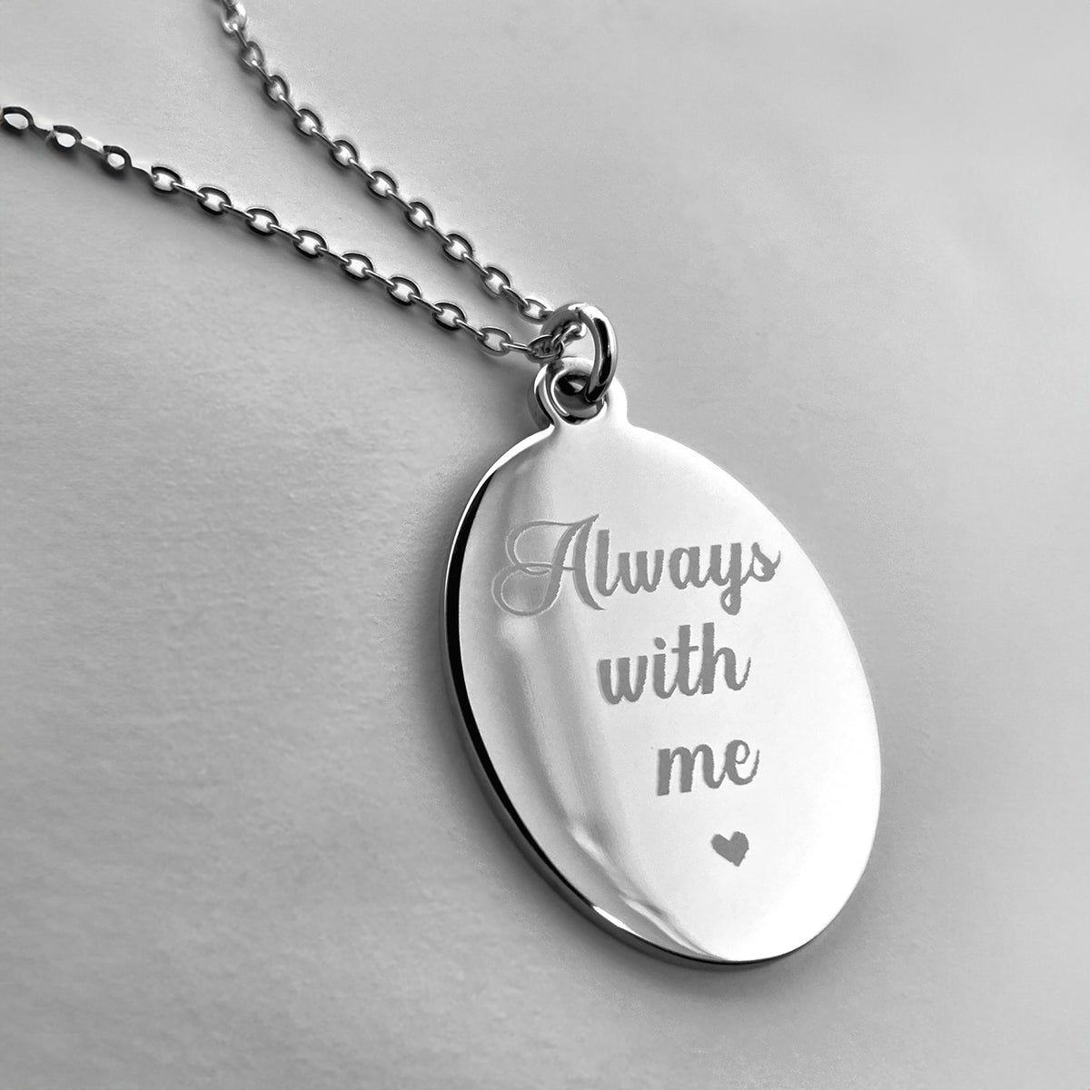 Personalized oval fingerprint necklace engraved with “Always with me”