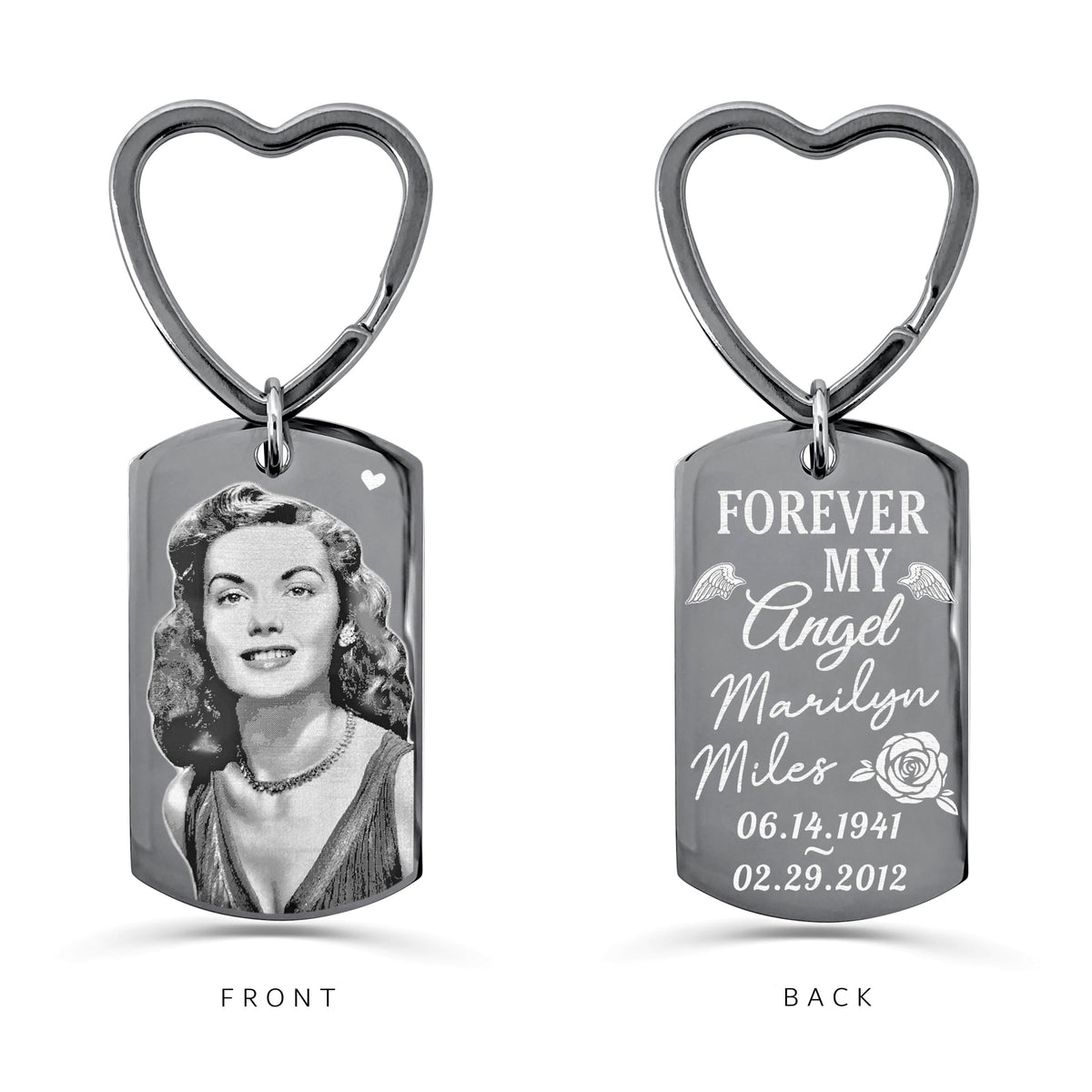 Personalized angel memorial dog tag keychain with heart-shaped keyring, custom portrait photo, name, dates, and “Forever My Angel” engraving