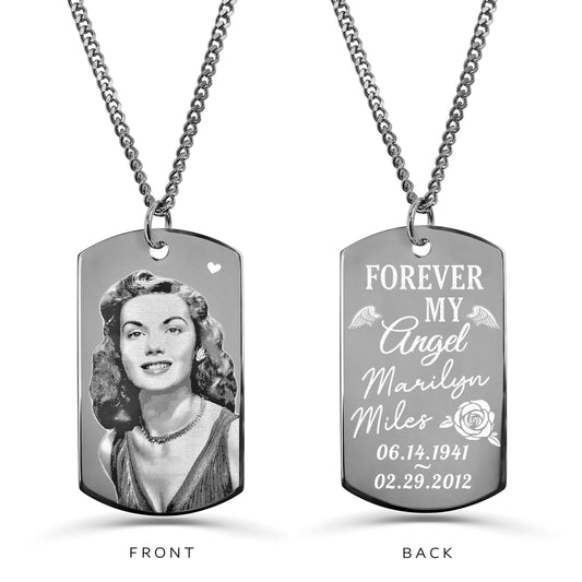 Personalized angel memorial dog tag necklace with custom portrait on the front and “Forever My Angel” engraving and custom dates and rose on the back