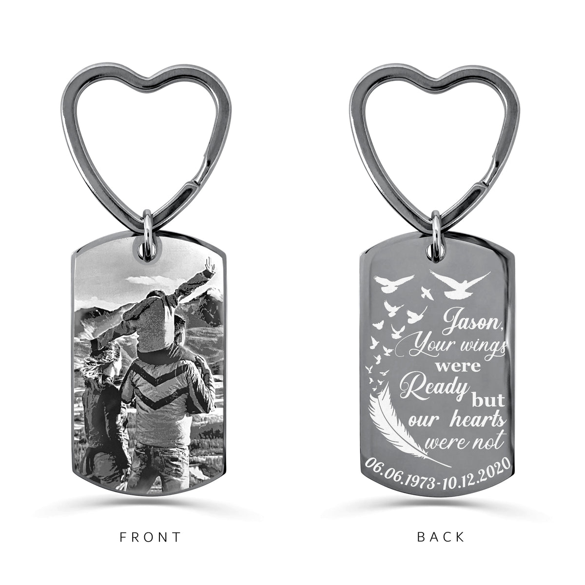 Personalized angel wings memorial dog tag keychain with heart-shaped keyring, custom photo, and “Your wings were ready but our hearts were not” engraving