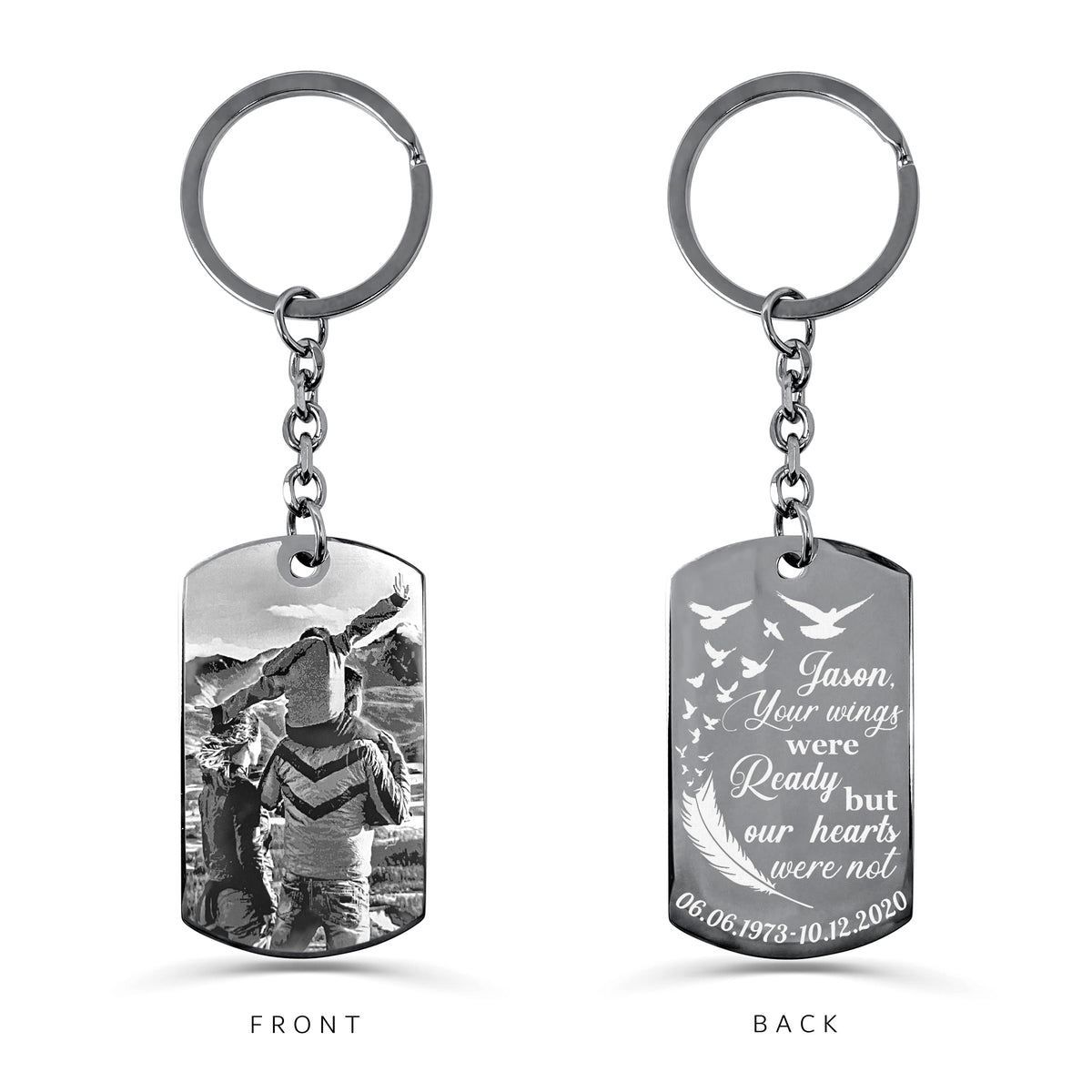Custom memorial dog tag keychain with round keyring showing photo on the front and “Your wings were ready but our hearts were not” message on the back