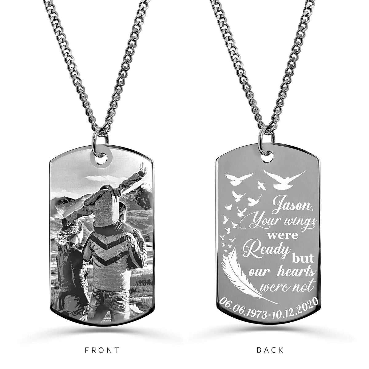 Personalized memorial dog tag necklace with custom loved one photo and “Your wings were ready but our hearts were not” engraving