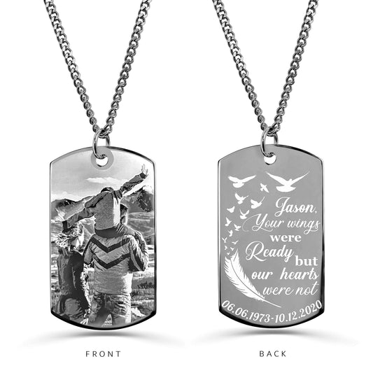 Personalized memorial dog tag necklace with custom loved one photo and “Your wings were ready but our hearts were not” engraving