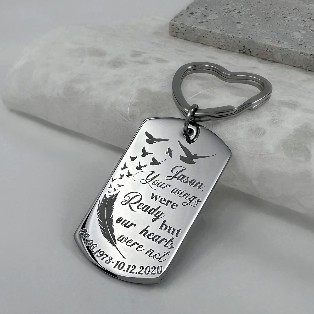 Angel wings memorial dog tag keychain with heart-shaped keyring engraved with “Your wings were ready but our hearts were not,” birds, feather, and memorial dates