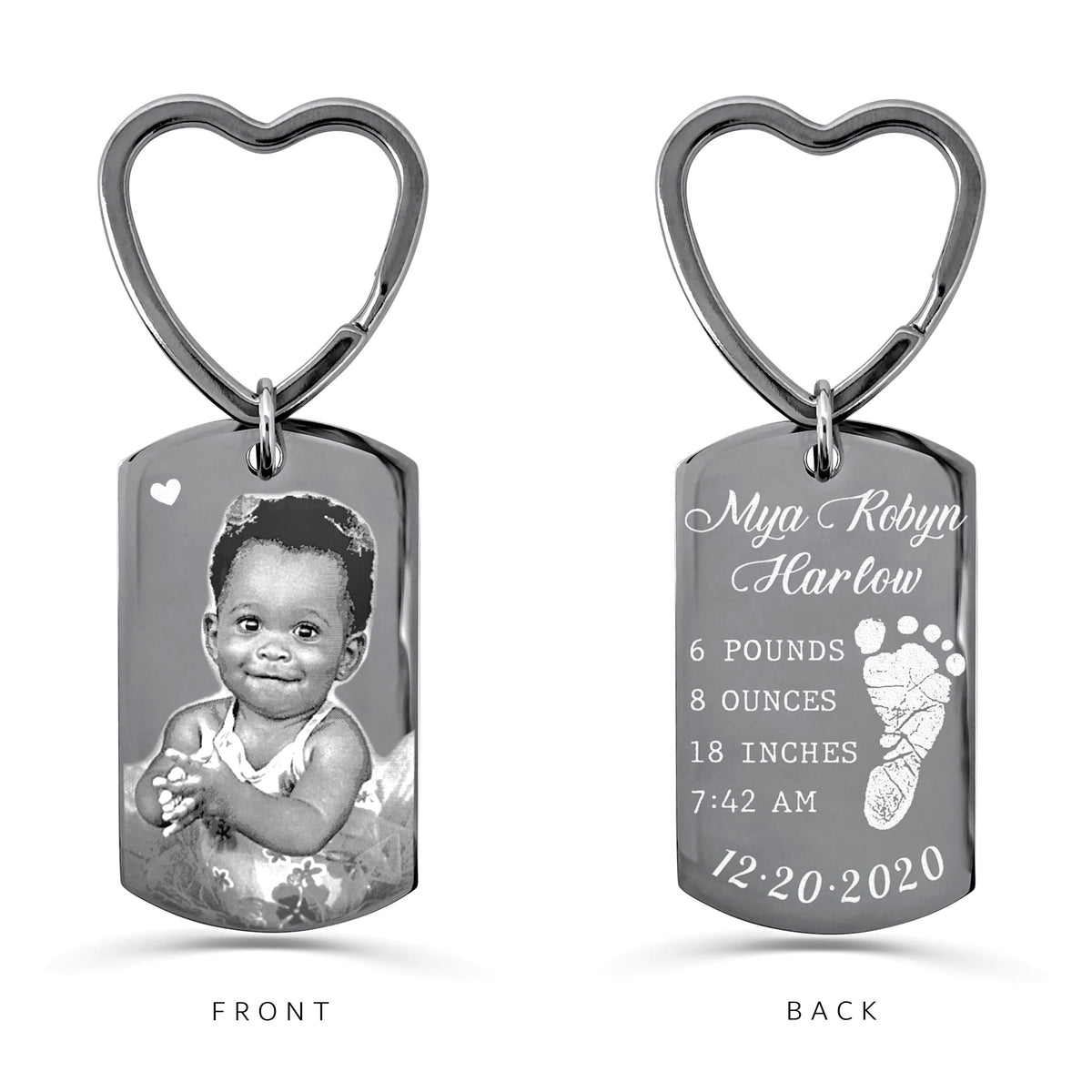 Personalized baby photo dog tag keychain with heart-shaped keyring, custom portrait on the front and footprint with name and birth details on the back