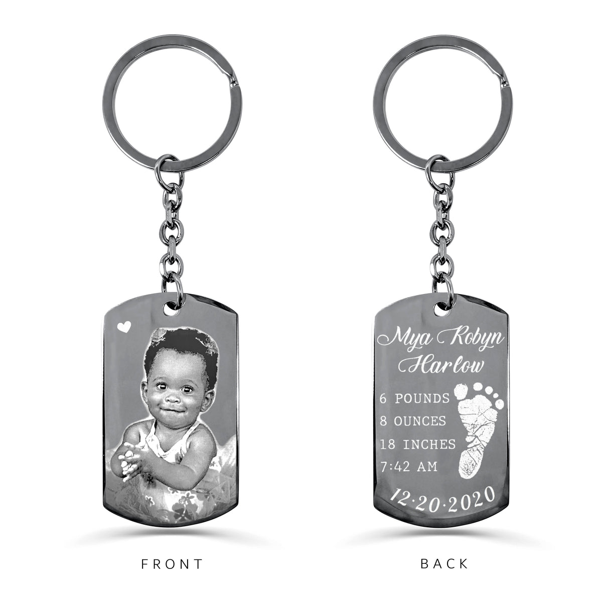 Custom baby photo and footprint dog tag keychain with round keyring showing portrait on the front and personalized birth details on the back