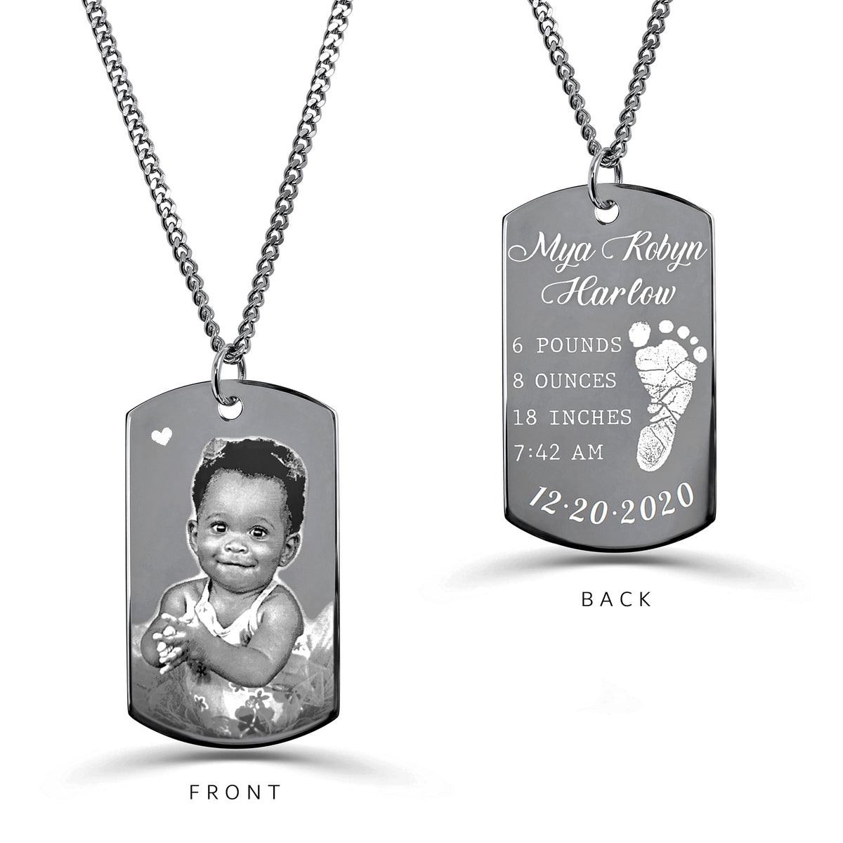 Personalized baby dog tag necklace with photo on the front and footprint with birth details on the back