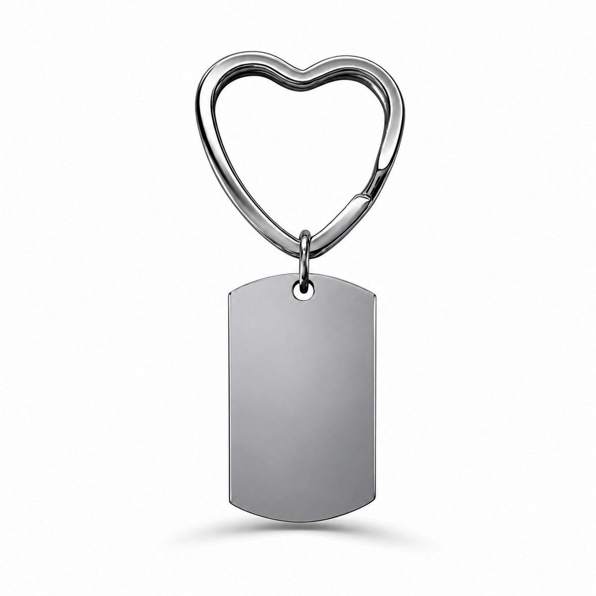 Blank dog tag urn keychain with heart-shaped keyring on white background