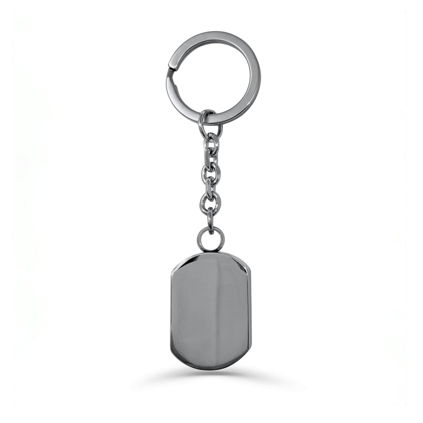 Blank dog-tag style cremation urn keychain shown on a round keyring.