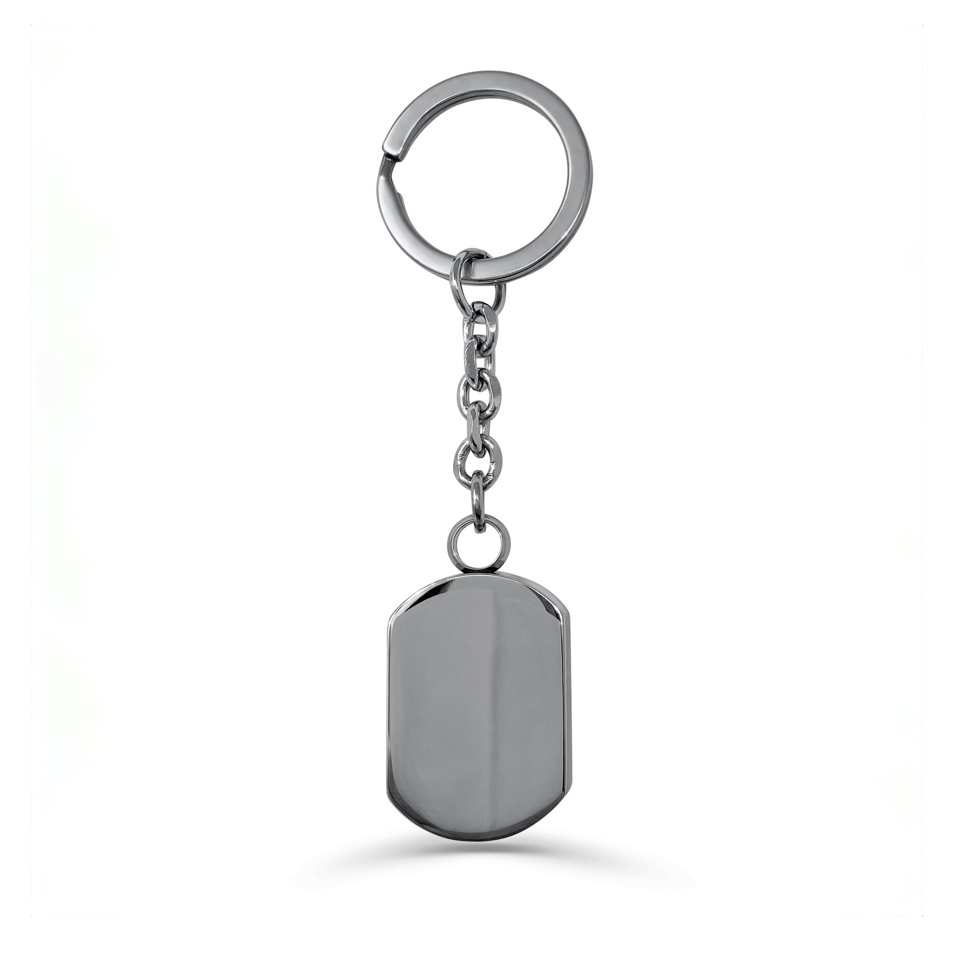Blank dog-tag style cremation urn keychain shown on a round keyring.