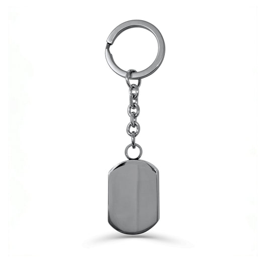 Blank dog-tag style cremation urn keychain shown on a round keyring.