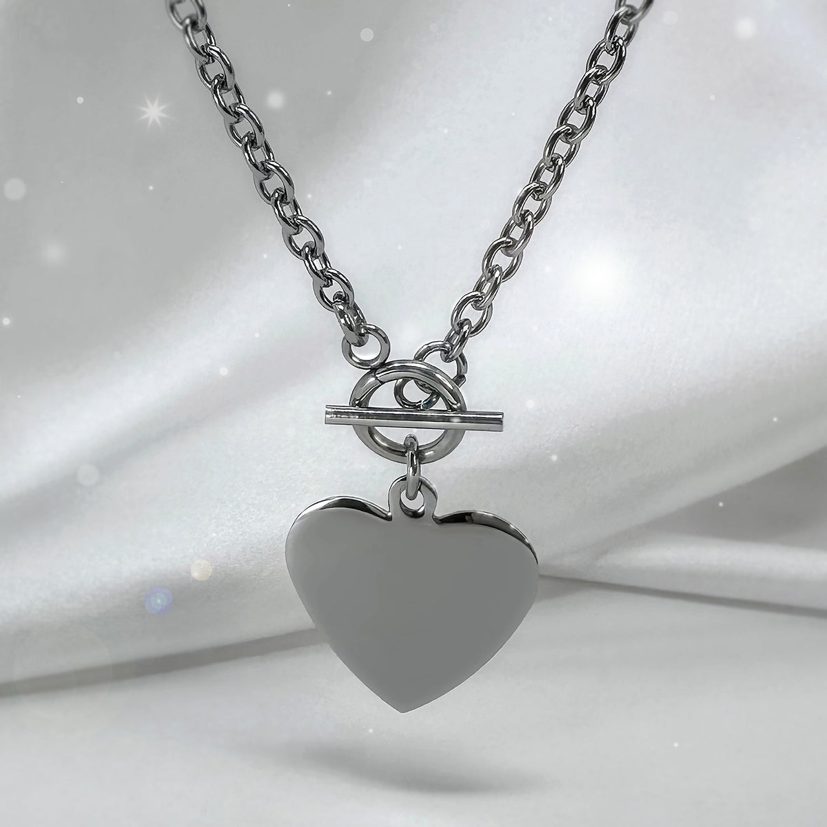 Personalized heart toggle clasp necklace with blank silver pendant ready for custom engraving