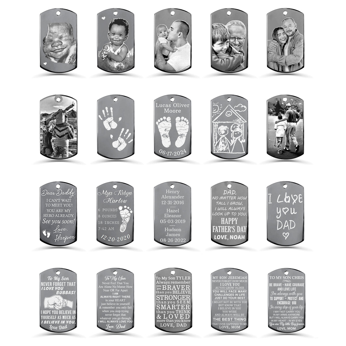 Personalized dog tag engraving examples showing family photos, sonogram, handprints, footprints, children’s artwork, Father’s Day messages, handwriting, names, dates, and meaningful quotes
