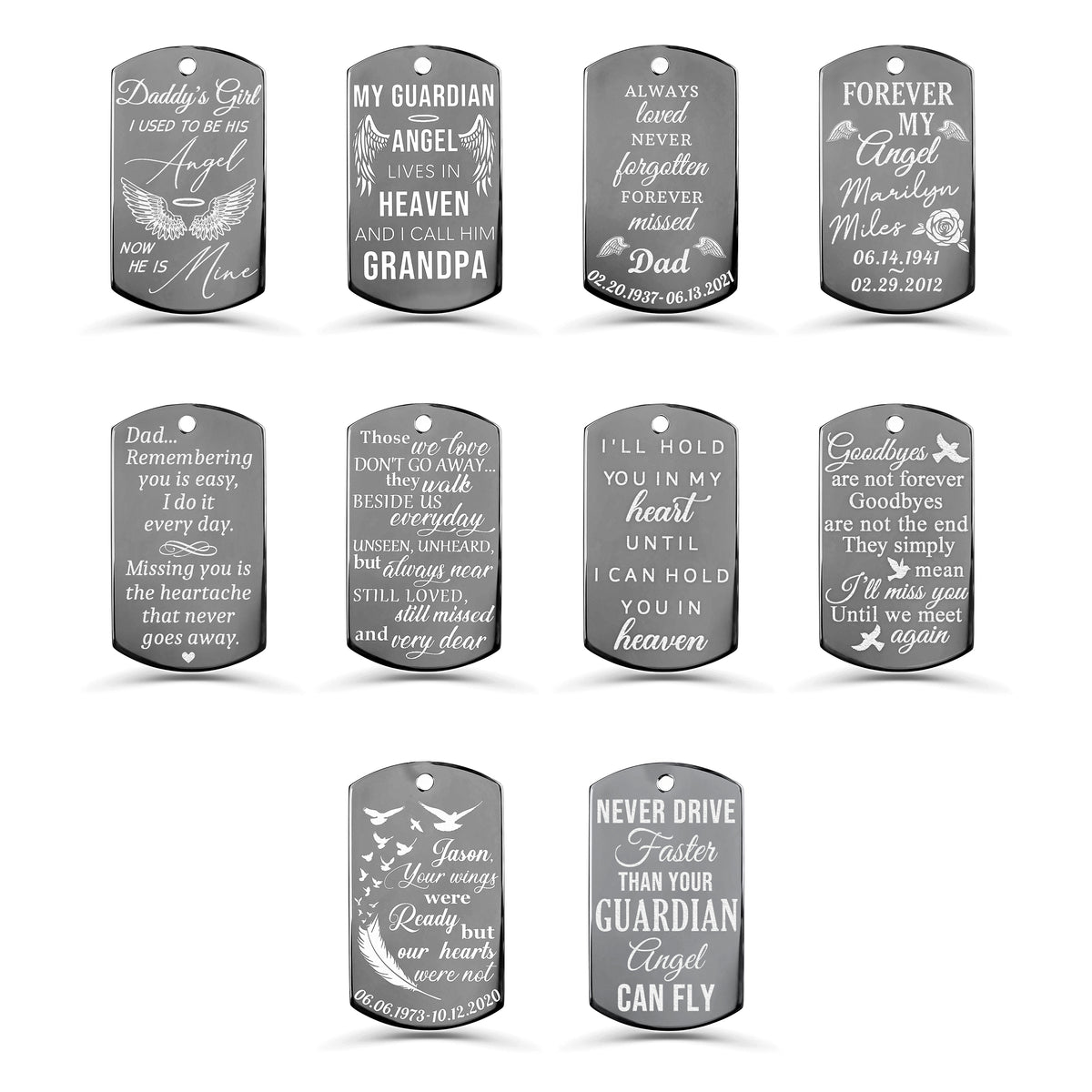 Memorial dog tag engraving examples with Guardian Angel designs, remembrance quotes, names, dates, angel wings, doves, and personalized memorial messages