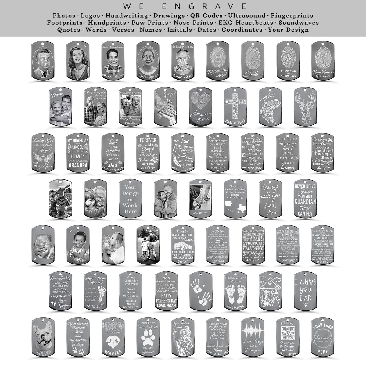 Personalized dog tag engraving options showing custom photos, fingerprints, handwriting, handprints, footprints, paw and nose prints, ultrasound images, EKG heartbeats, soundwaves, QR codes, names, dates, coordinates, quotes, memorial messages, logos, and custom designs