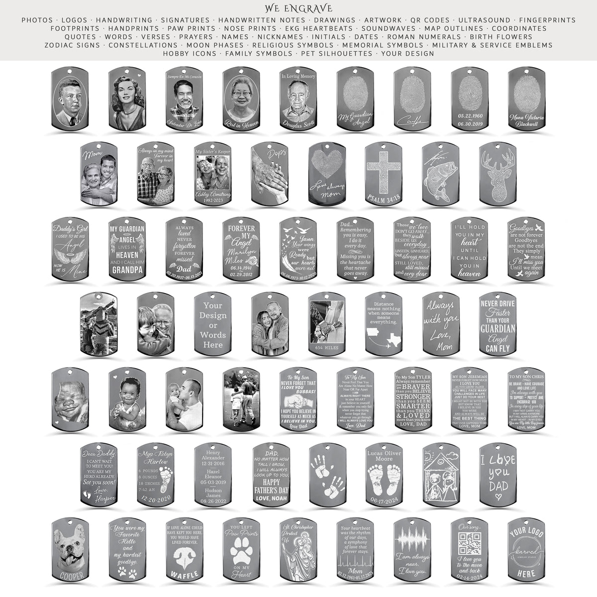 Personalized dog tag engraving options showing custom photos, fingerprints, handwriting, drawings, QR codes, ultrasound images, handprints, footprints, paw and nose prints, EKG heartbeats, soundwaves, names, dates, coordinates, quotes, logos, and custom designs
