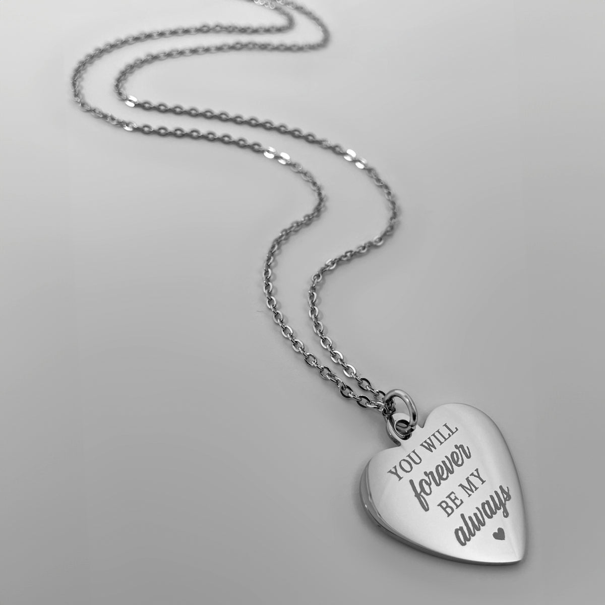 Couple memorial heart necklace with personalized remembrance message 'You will forever be my always' engraved on the back