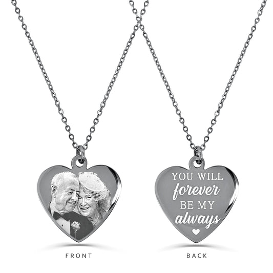 Engraved anniversary heart necklace with custom couple photo engraving on the front and personalized message on the back