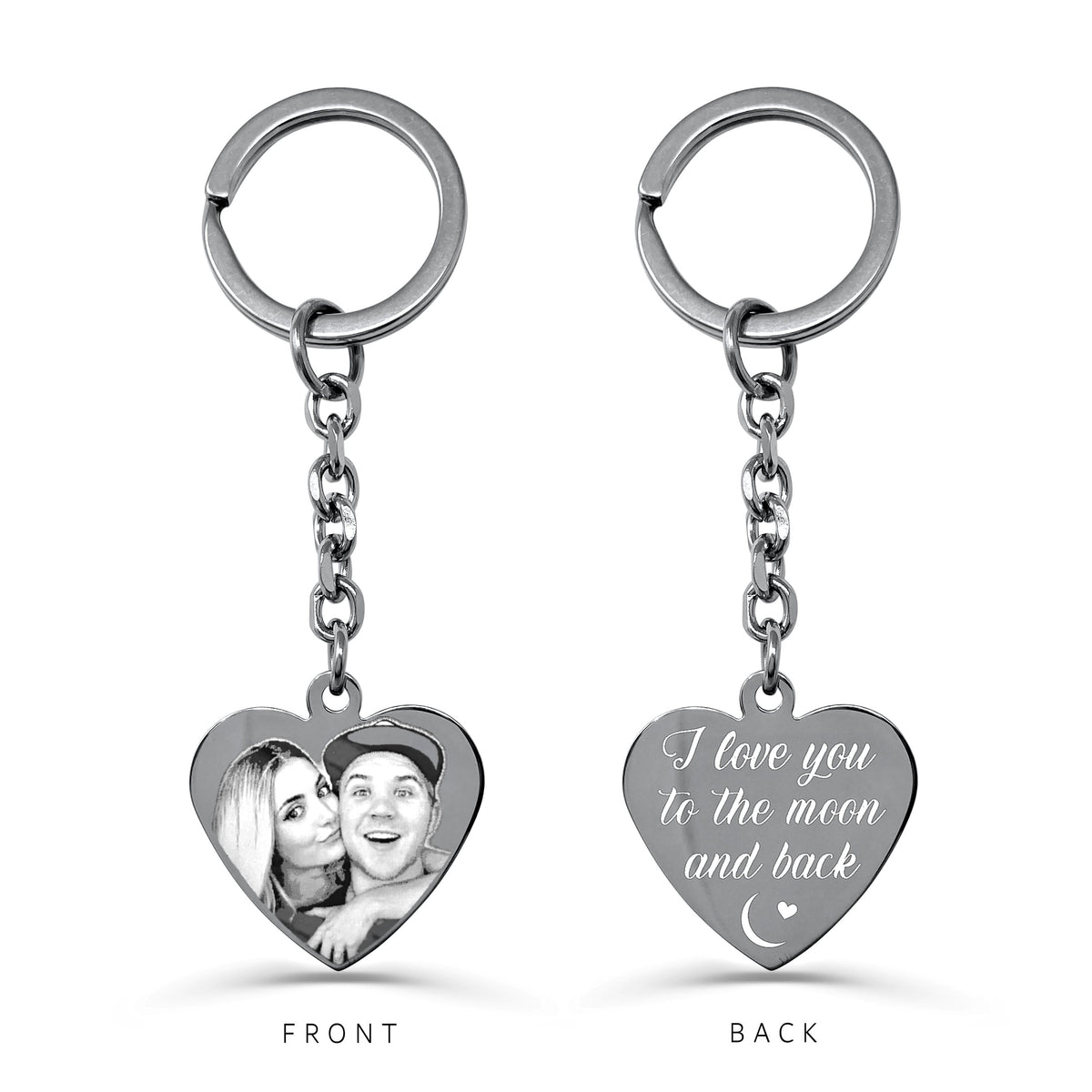 Custom couple photo heart keychain showing portrait engraving on the front and personalized message " I love you to the moon and back" on the back
