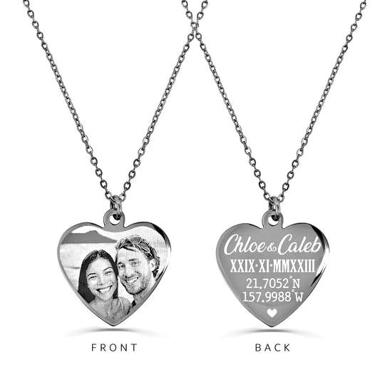 Custom couple photo heart necklace showing portrait engraving on the front and personalized names and Roman numerals dates on the back