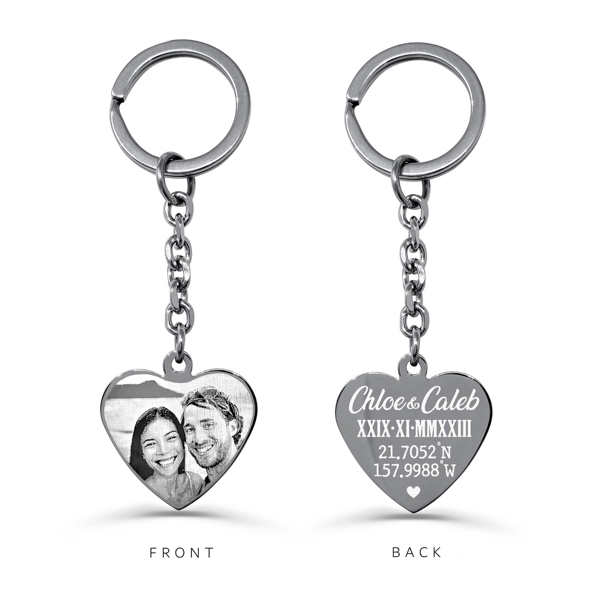 Custom couple photo heart keychain showing portrait engraving on the front and personalized names and Roman numerals dates on the back