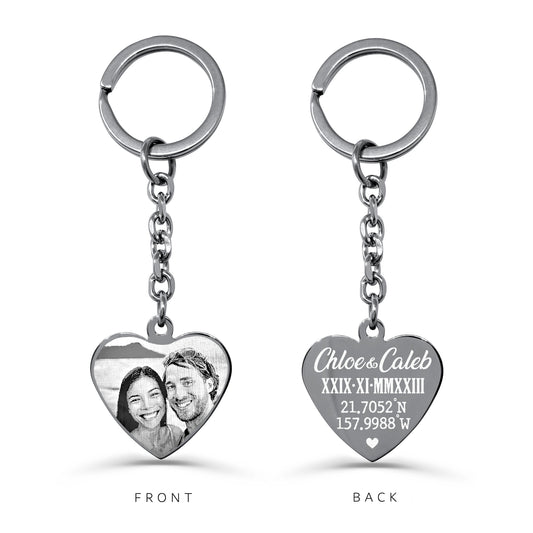 Custom couple photo heart keychain showing portrait engraving on the front and personalized names and Roman numerals dates on the back
