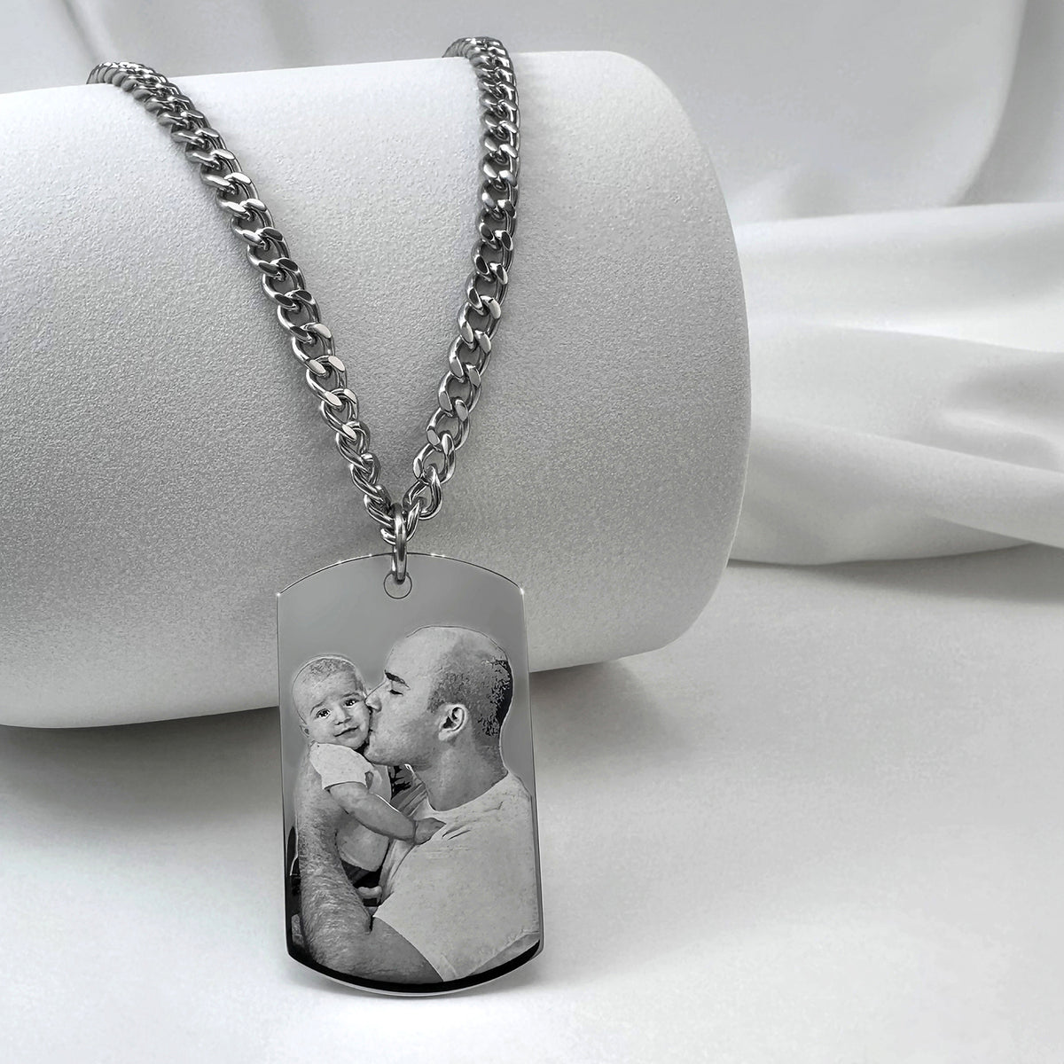 Personalized Dad and baby photo dog tag necklace with custom father and son portrait engraving