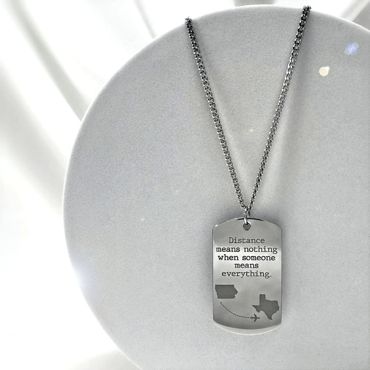 Personalized long-distance dog tag necklace with custom photo and state outlines engraving