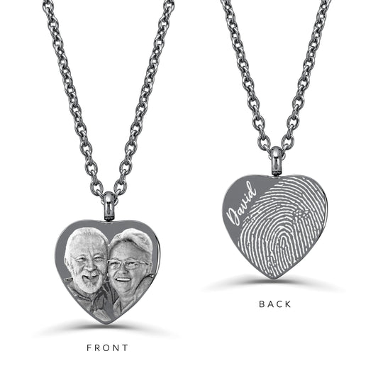 Custom heart urn necklace shown front and back with engraved portrait and fingerprint
