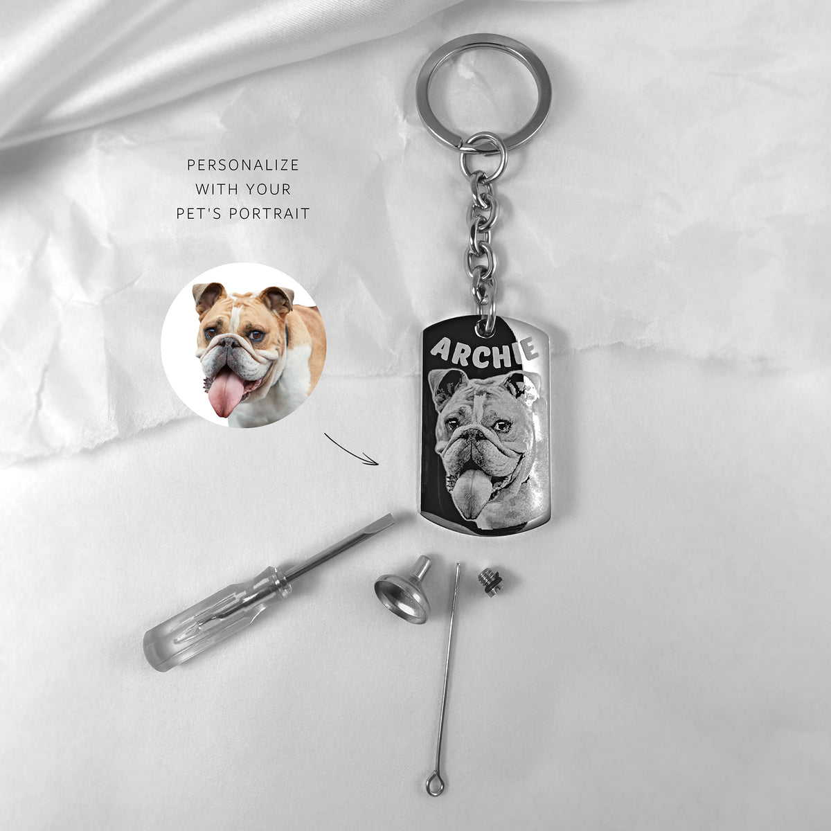 Personalized pet memorial dog tag urn keychain shown with custom photo engraving and fill kit