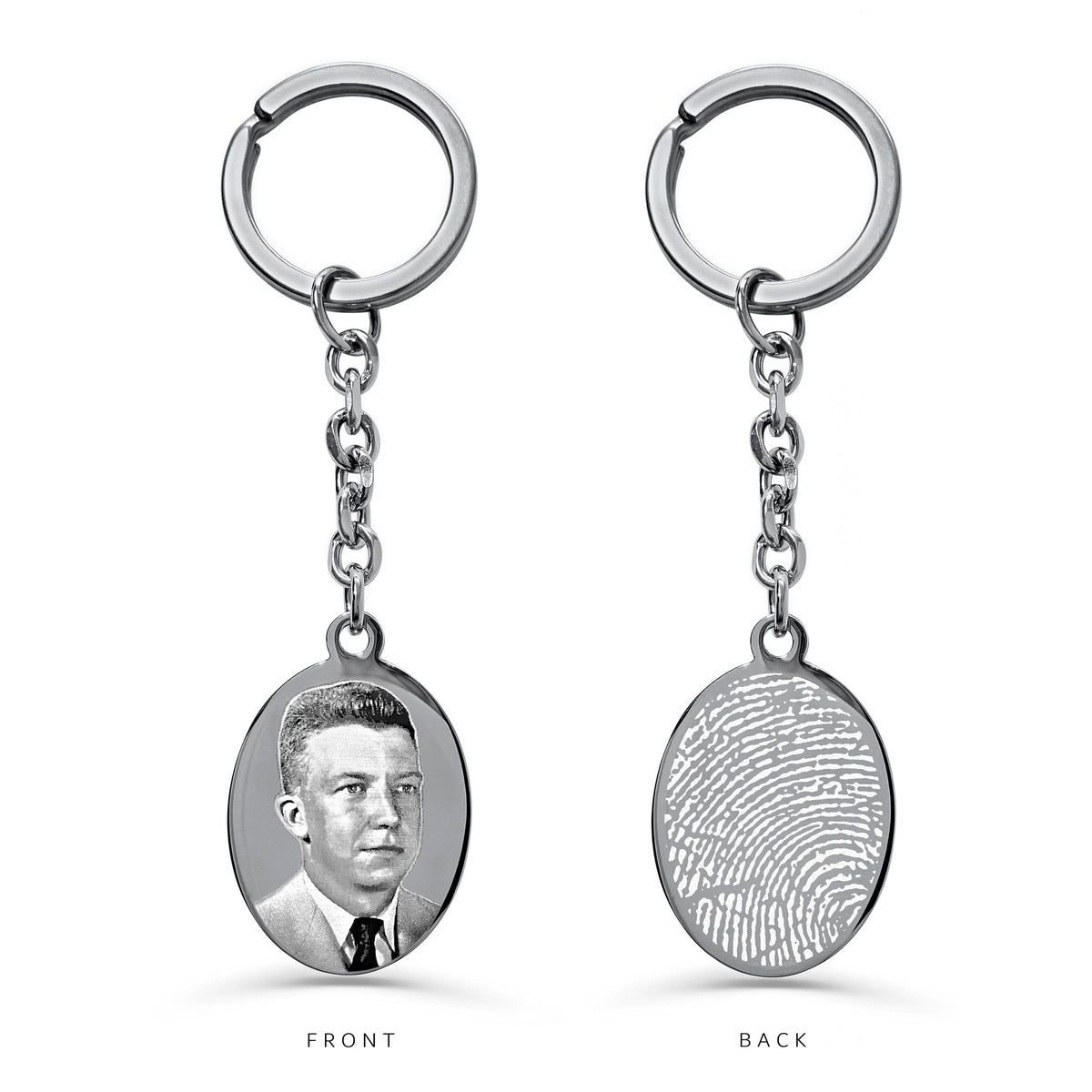 Personalized silver oval keychain with custom portrait engraving on the front and fingerprint engraving on the back
