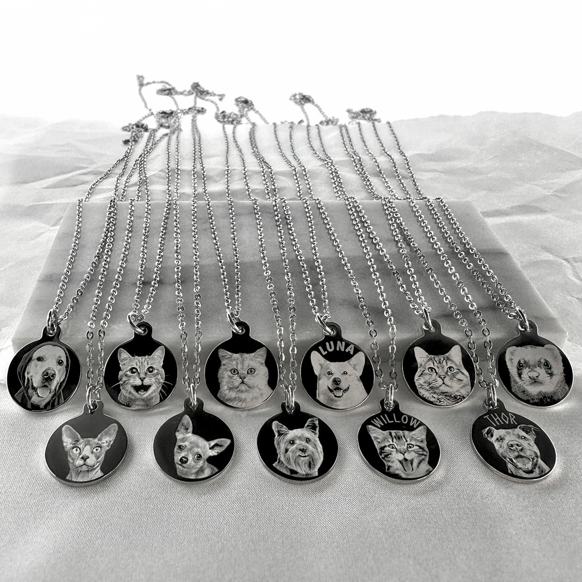 A display of various silver necklaces with round pendant charms featuring engraved pet portraits and names.