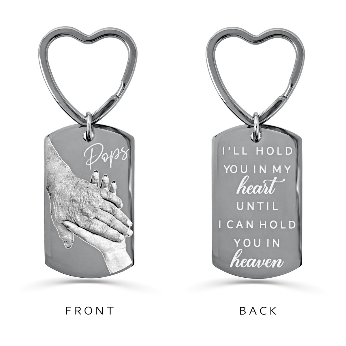 Personalized Pops memorial dog tag keychain with heart-shaped keyring, custom handprint, and “I’ll hold you in my heart until I can hold you in heaven” engraving