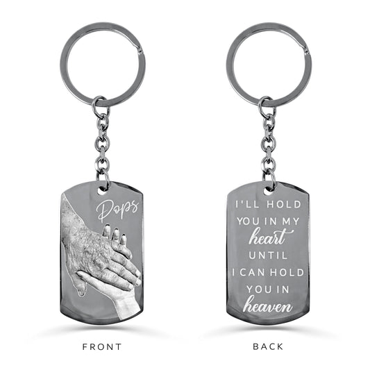 Dad handprint memorial dog tag keychain with round keyring showing custom handprint on the front and remembrance quote on the back