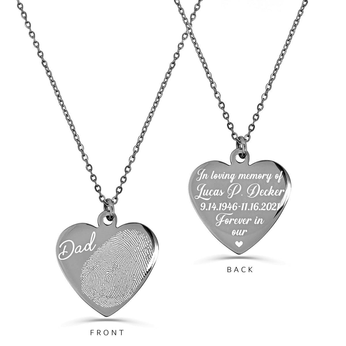 Custom fingerprint memorial heart necklace with handwriting, name, birth and memorial dates, and “Forever in my heart” engraving on the back