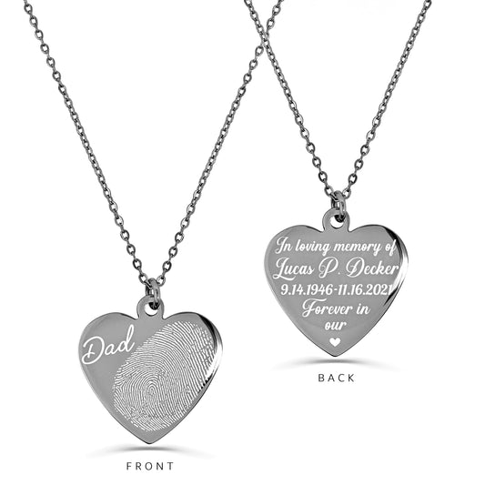Custom fingerprint memorial heart necklace with handwriting, name, birth and memorial dates, and “Forever in my heart” engraving on the back