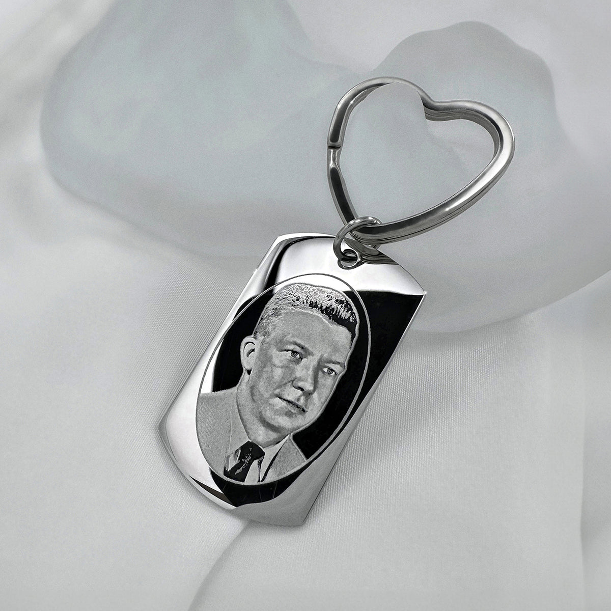 Personalized Dad memorial dog tag keychain with heart-shaped keyring and custom portrait engraving