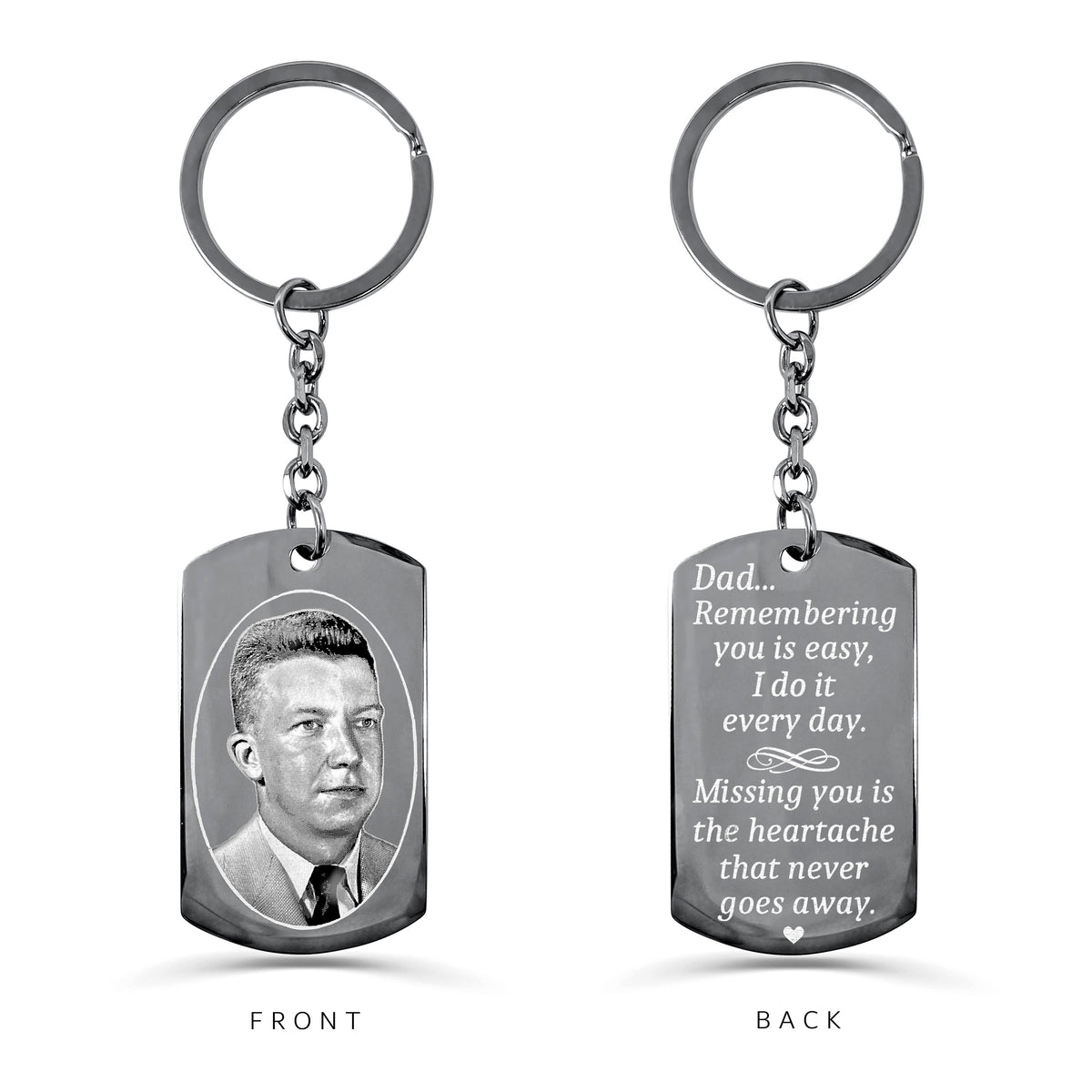 Custom Dad photo memorial dog tag keychain with round keyring showing portrait on the front and remembrance quote on the back