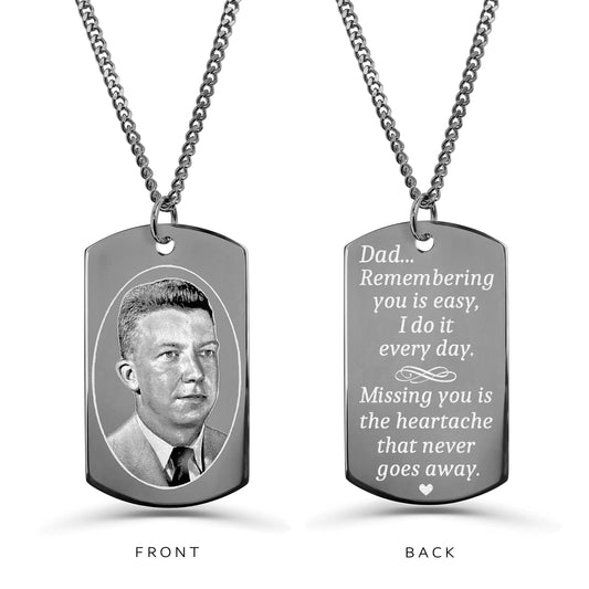 Personalized Dad photo portrait memorial dog tag necklace showing custom picture on the front and remembrance quote on the back