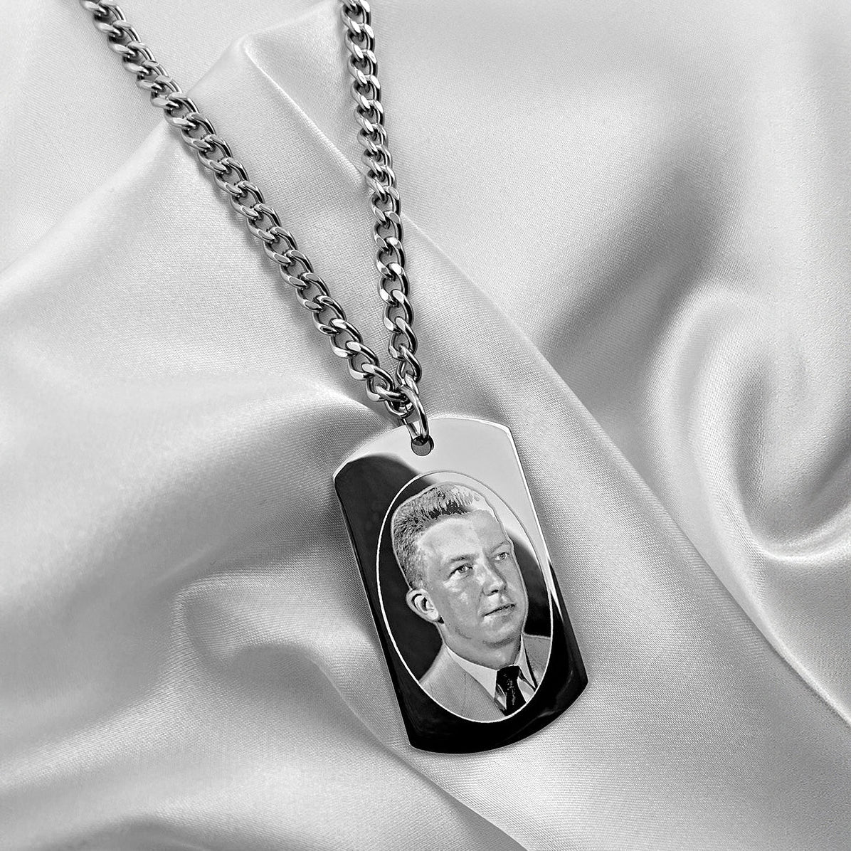 Custom Dad memorial photo dog tag necklace displayed on soft satin