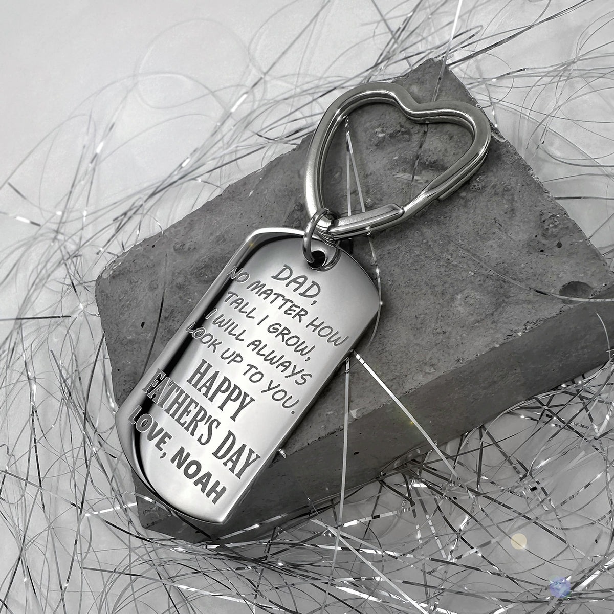 Dad dog tag keychain with heart-shaped keyring engraved “No matter how tall I grow, I will always look up to you” and Happy Father’s Day message